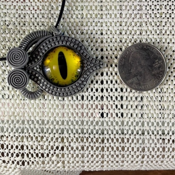 YELLOW EVIL EYE PENDENT ON AN 18” TO 20” BLACK LEATHER NECKLACE - Picture 3 of 3